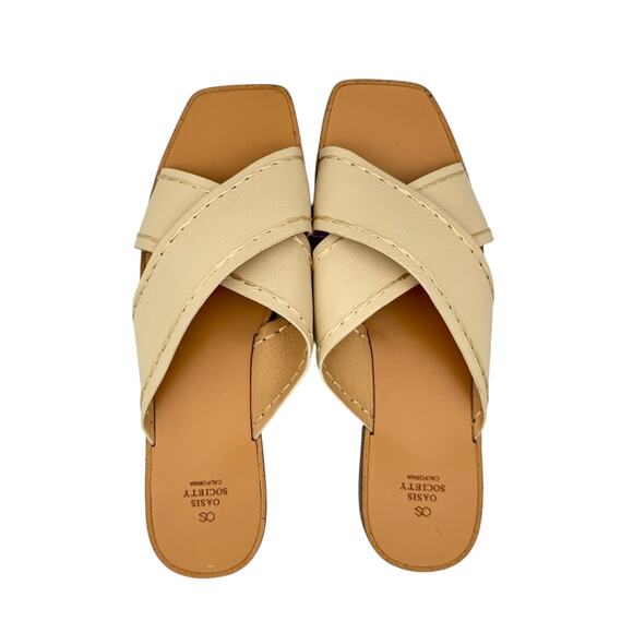 Oasis Society Neutral Cream Vegan Faux Leather Criss Cross Strappy Slide Sandals - Picture 4 of 12
